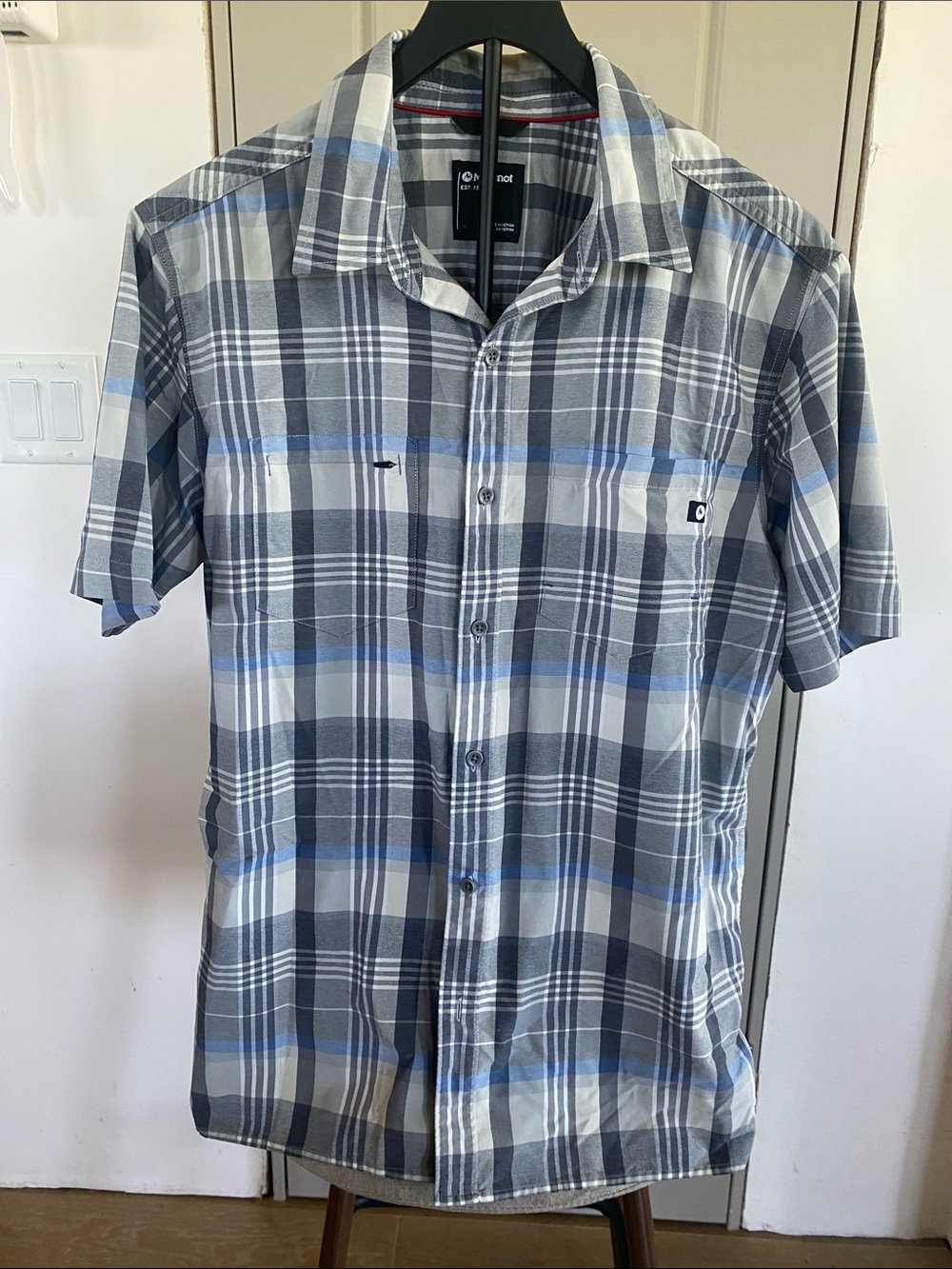 Marmot Large Men's Short-Sleeve Plaid Button-Down Shirt - Gray/Blue